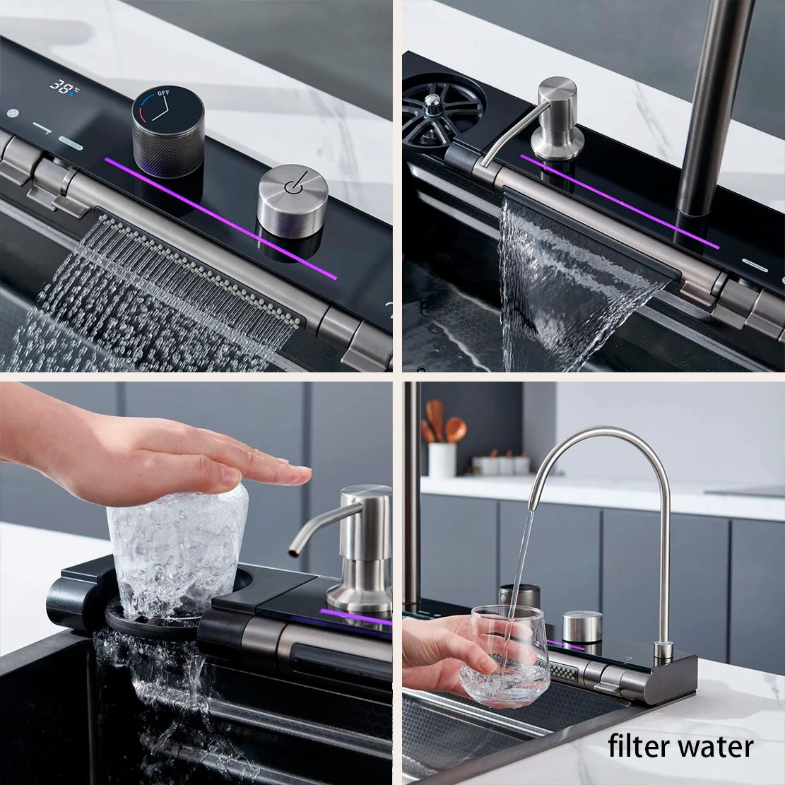 Stainless Steel Waterfall Sink Digital Display Large Sink