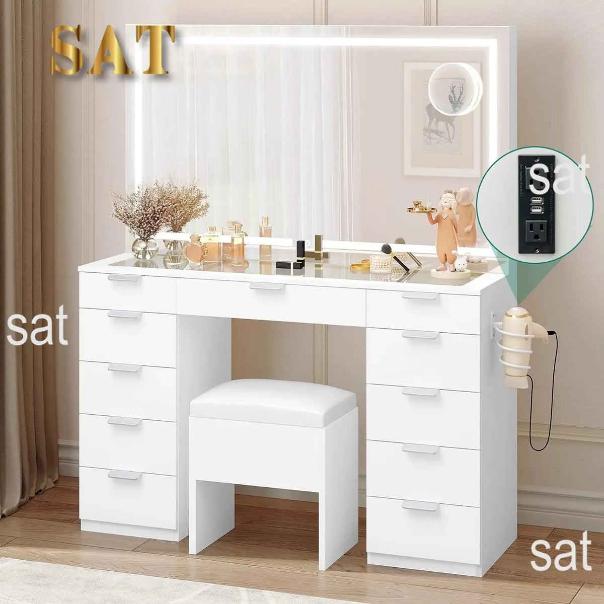 Large Led Mirror Glass Top Makeup Vanity Desk