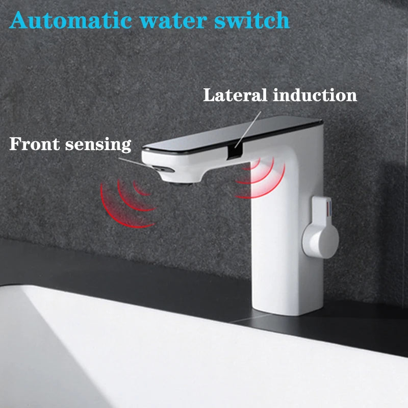 White Touchless Sensor Basin Faucet Smart Digital Display