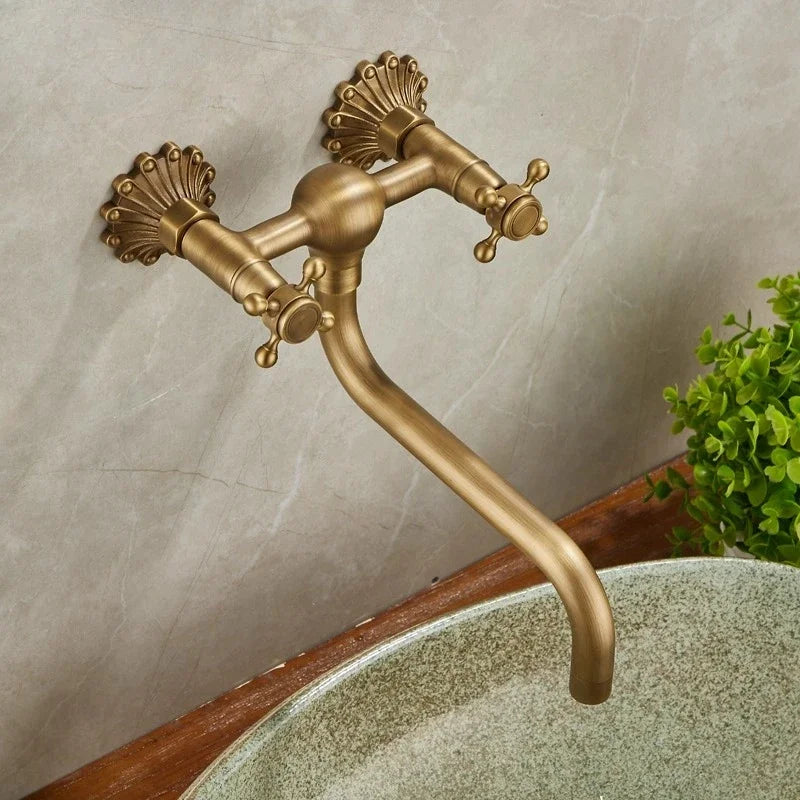 Brass Antique Wall Mounted Washbasin Faucets Double Handle