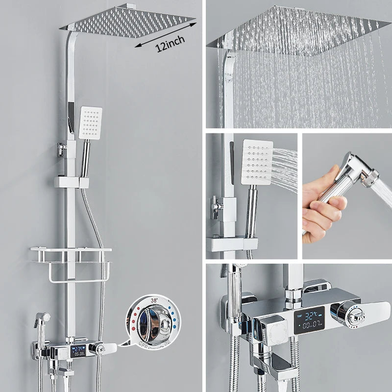 Black Digital Display Thermostatic Shower Faucets Rainfall Shower