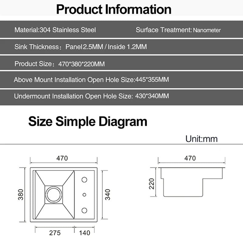 Nanometer Hidden Bar Island Sink 304 Stainless Steel