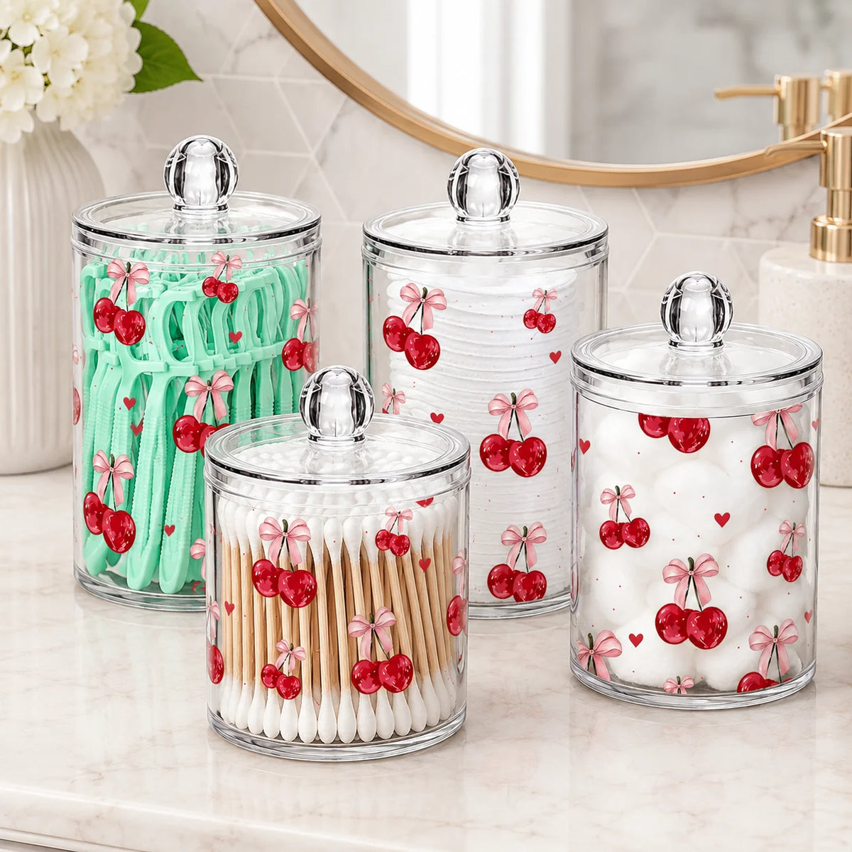 Cherry Print Clear Acrylic Cotton Swab Holder Lid