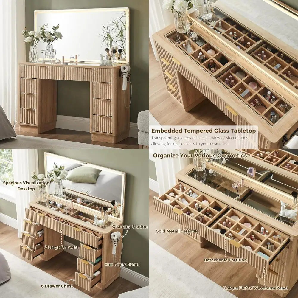 Illuminated 48 Makeup Vanity Desk Fluted Design 8-Drawer