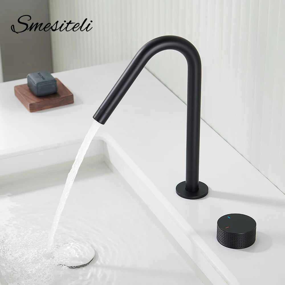 Matte Black Basin Faucet Knurled Knob Sink Tap