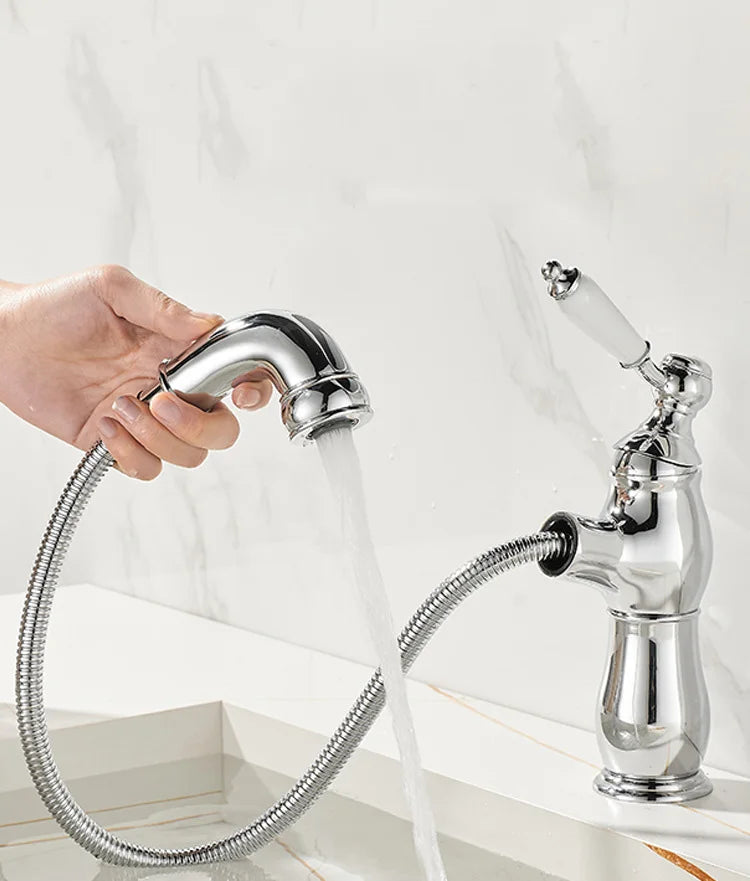 Gold Bathroom Ceramic Handle Basin Faucets Pull Out