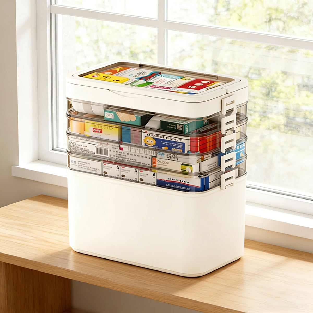 Multi-Layered Milk Tea-Colored Medicine Storage Box - Equipped