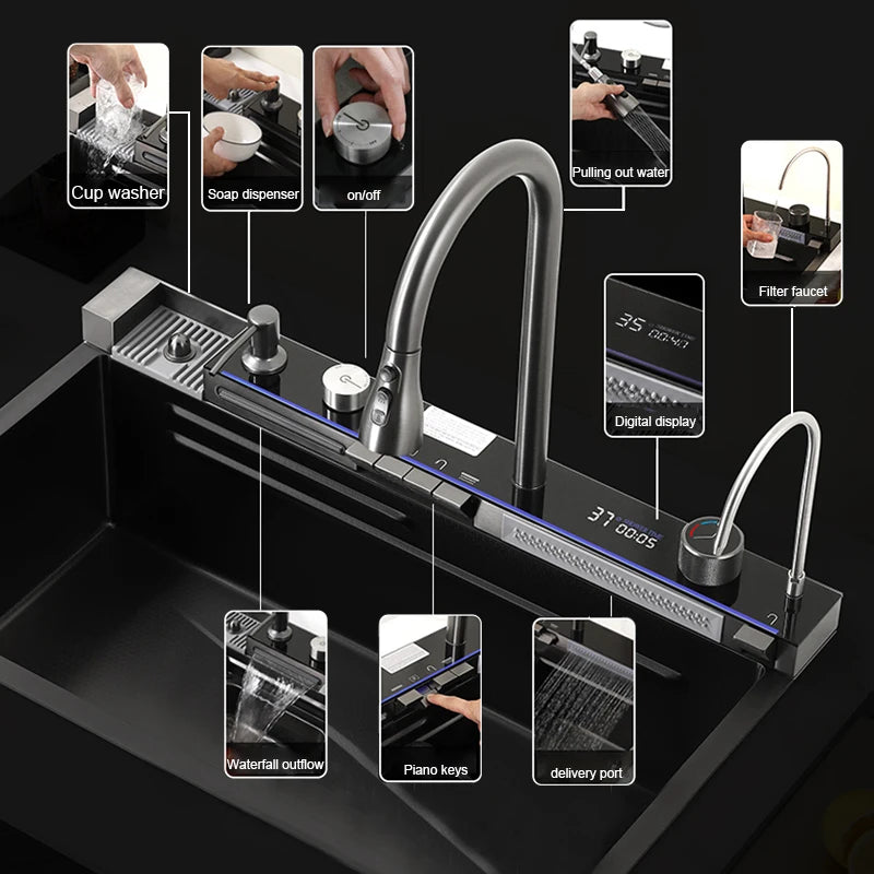 304stainless Steel Sink Faucet Rainfall Spout Pull Out