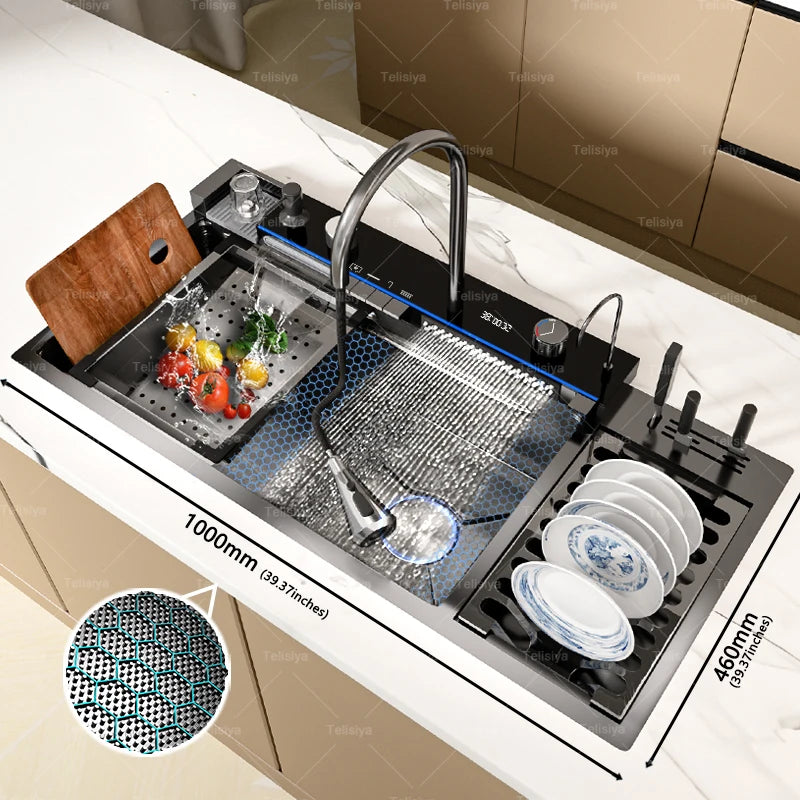 Stainless Steel Sink Digital Display Waterfall Large Slot