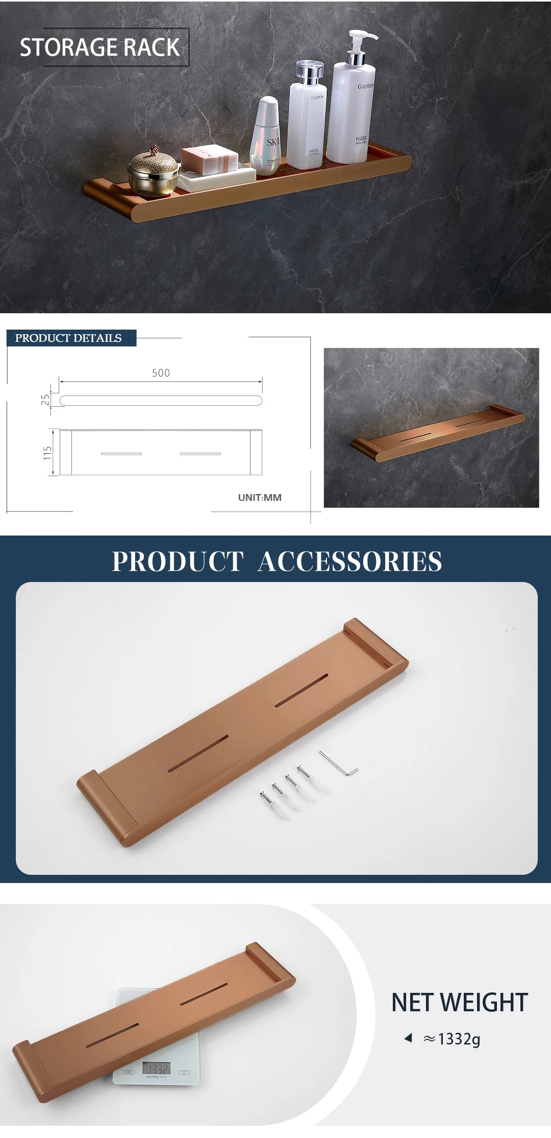 Rose Gold Bathroom Wall Mount Shelf Toilet Bath