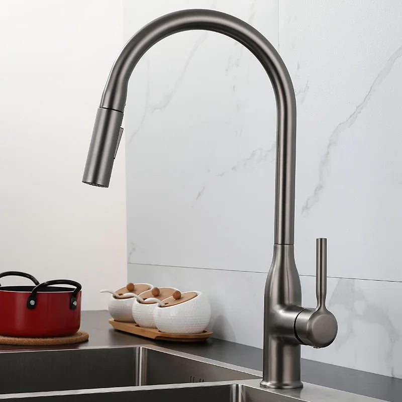 Gun Gray Pull-Out Sink Faucet Double Water Washbasin