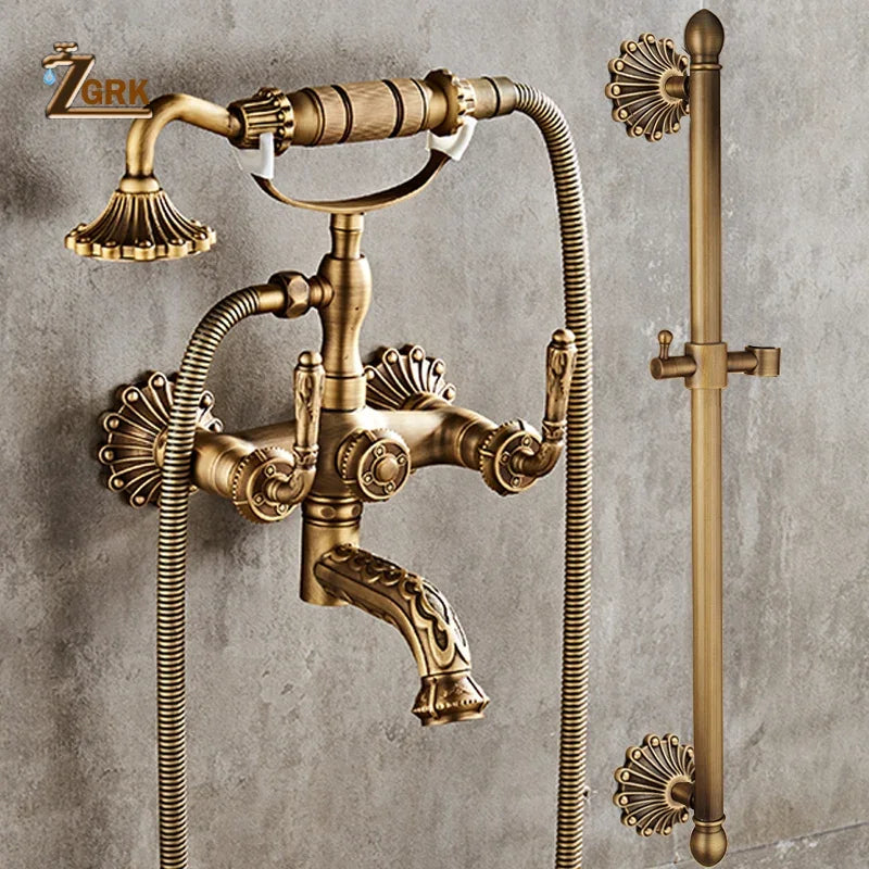 Antique Brass Bathtub Shower Faucets Wall Mounted Bath