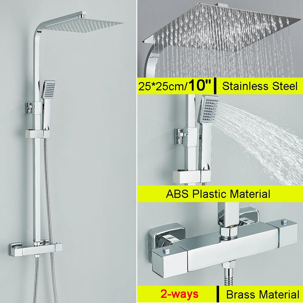 Bathroom Thermostatic Shower Faucet Rainfall Head Wall Mounted