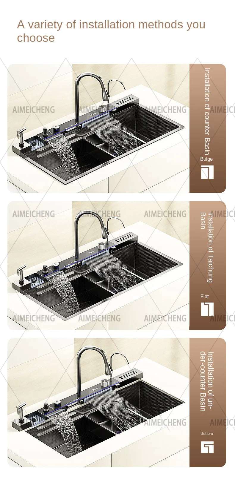 304 Stainless Steel Waterfall Sink Digital Display Large