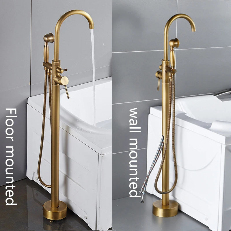 Kemaidi Antique Brass Bathtub Shower Faucet Floor Standing