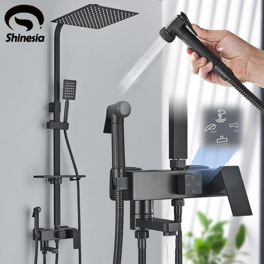 Shinesia Black/Chrome Bathroom Shower System Rainfall Shower