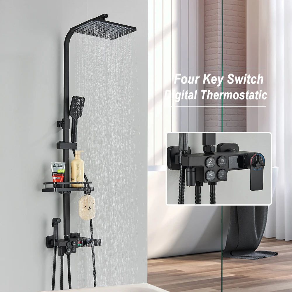 Black Thermostatic Lcd Shower Faucet Temperature Display Rainfall