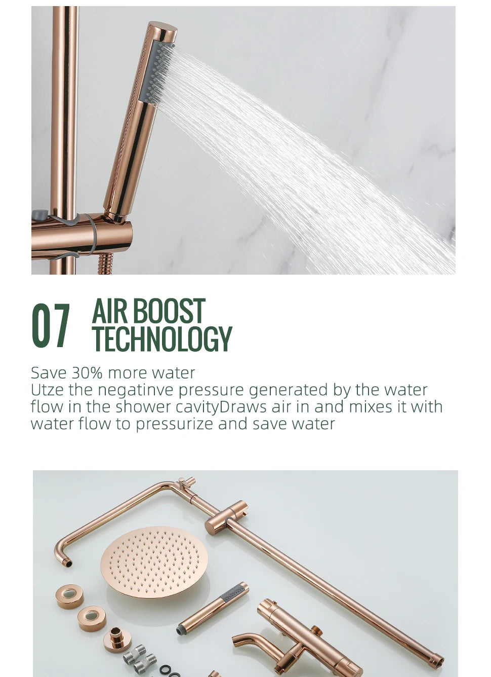 Brushed Rose Gold Thermostatic Exposed Shower System Rainfall