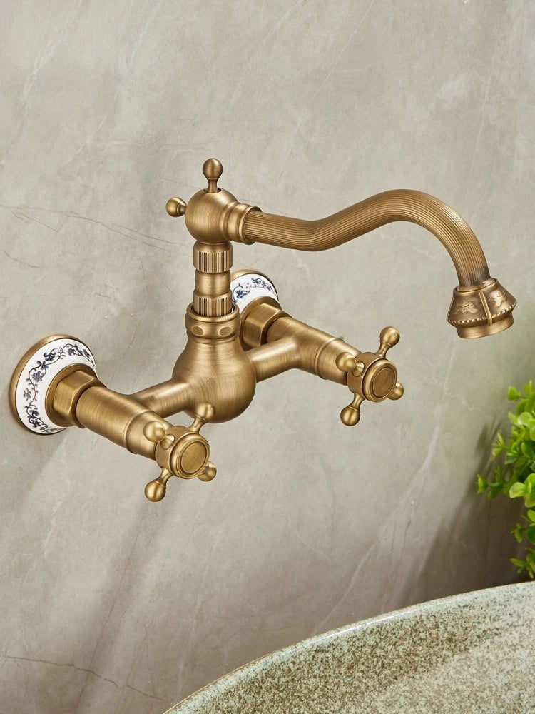 Brass Antique Wall Mounted Washbasin Faucets Double Handle