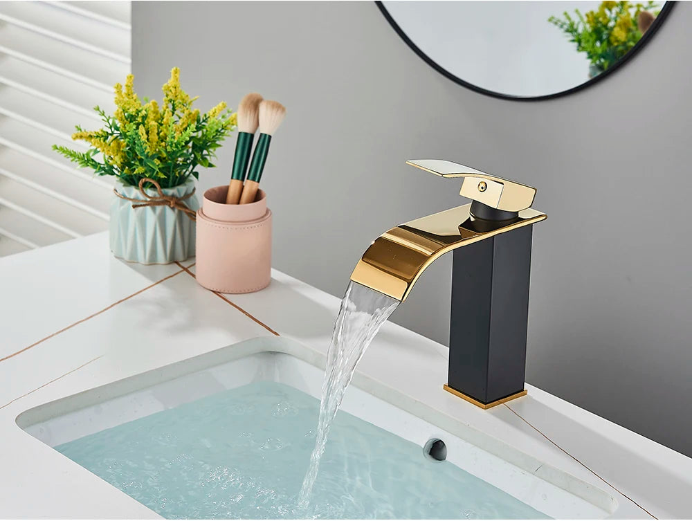 Brushed Golden Basin Faucets Elegant Waterfall Bathroom Sink