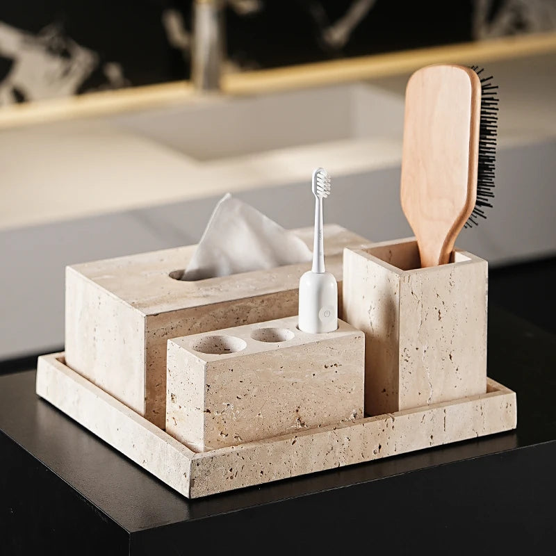 Beige Travertine Bathroom Natural Marble Soap Dispenser Reed