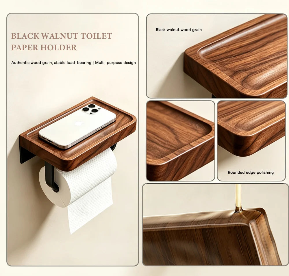 Walnut Wood Bathroom Wall Mounted Towel Rack Shelf