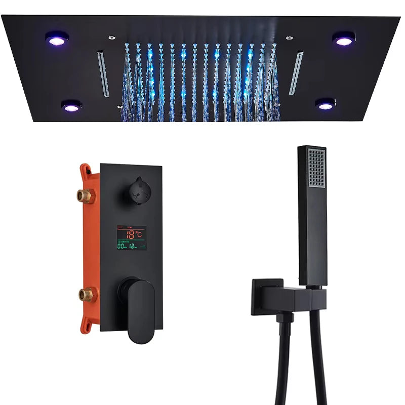 Black Thermostatic Bathroom Shower Faucet Remote Led Rainfall