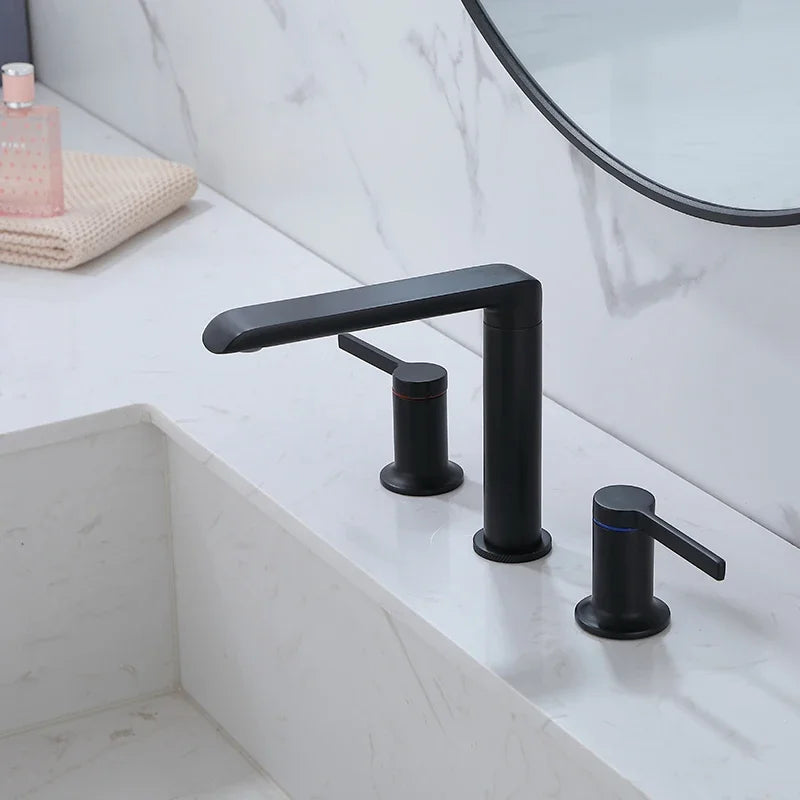 Brushed Gold Bathroom Widespread Basin Faucets Soild Brass