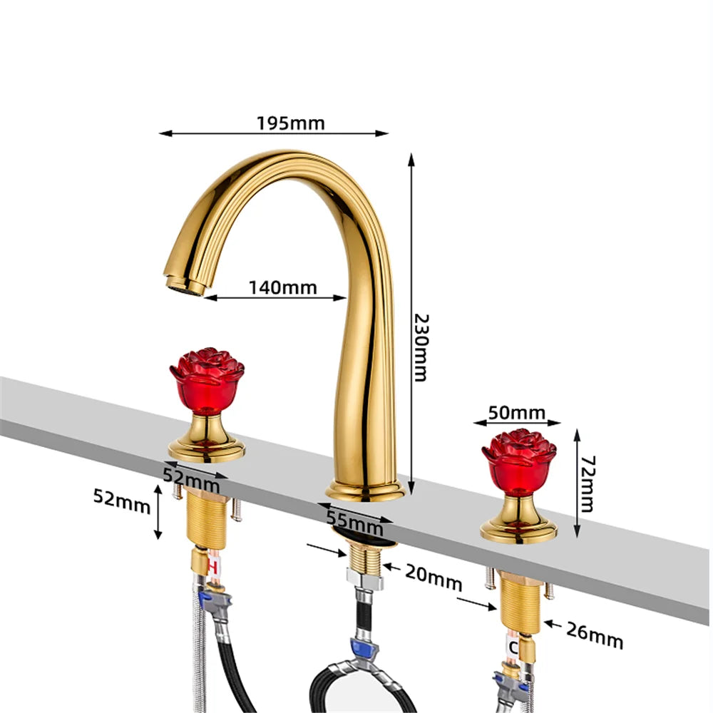 Gold Red Rose Basin Faucet Widespread Sink Tap