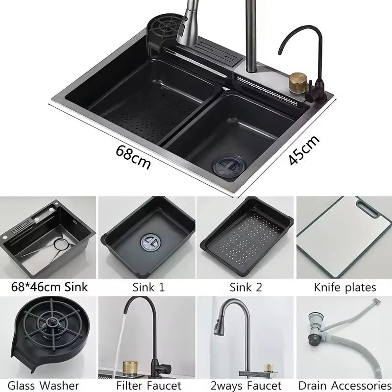 Stainless Steel Waterfall Sink Large Slot Integrated Faucet