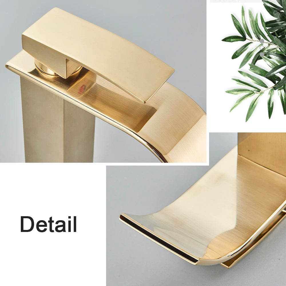 Brushed Gold Basin Sink Faucet Waterfall Outlet Vanity