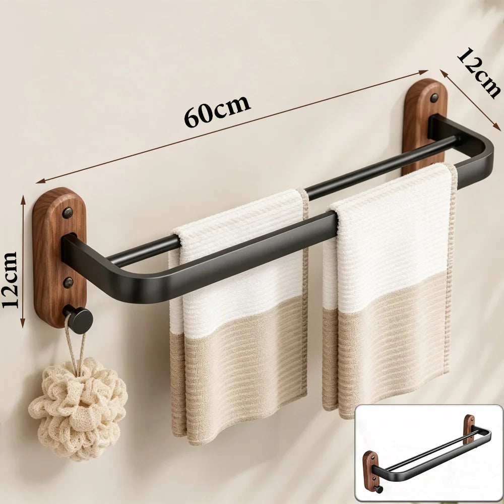 Walnut Wood Bathroom Wall Mounted Towel Rack Shelf
