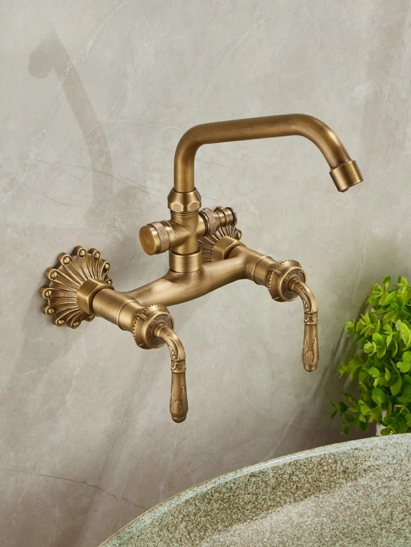 Brass Antique Wall Mounted Washbasin Faucets Double Handle