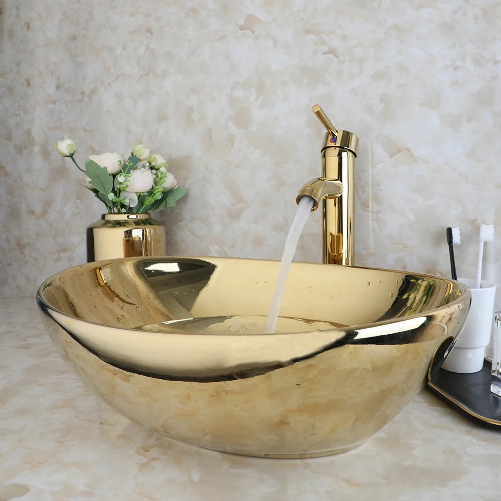 Kemaidi Bathroom Vessel Sink Luxury Shiny Gold Ceramic