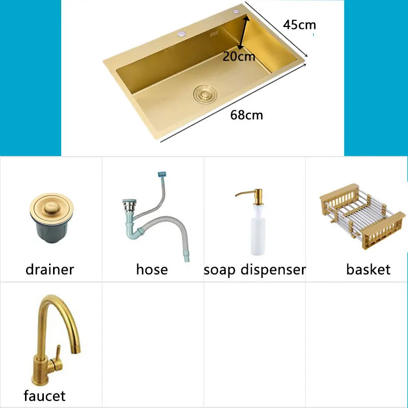 Gold Kitchens Sink Nano Handmade 304 Stainless Steel