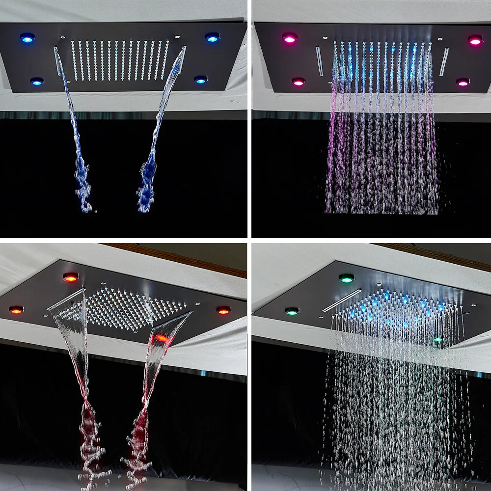 Black Led Thermostatic Bathroom Shower Faucet Rain Waterfall