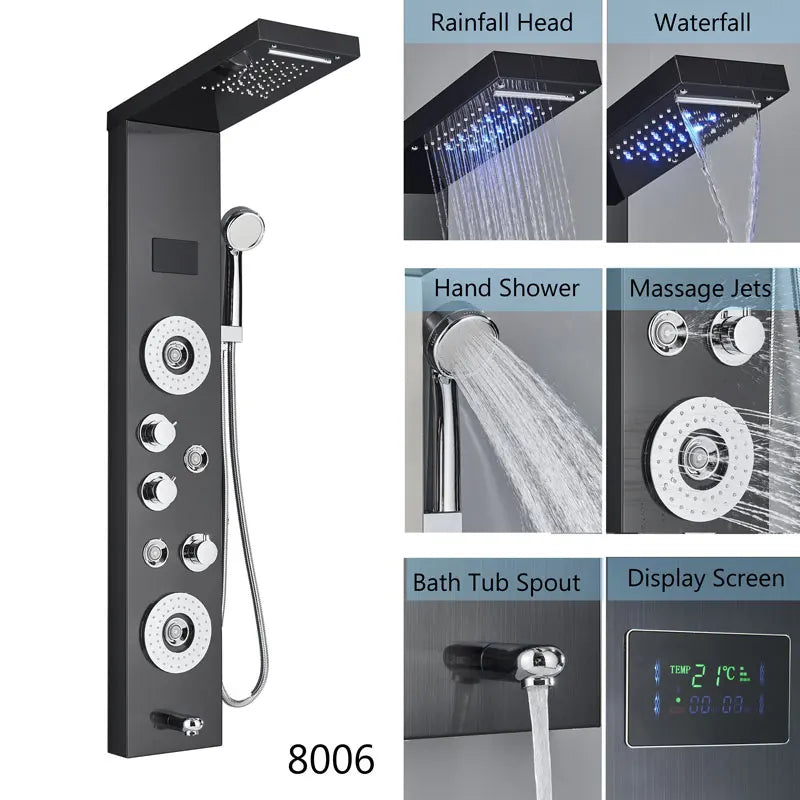 Led Shower Panel Waterfall Rain Temperature Digital Display