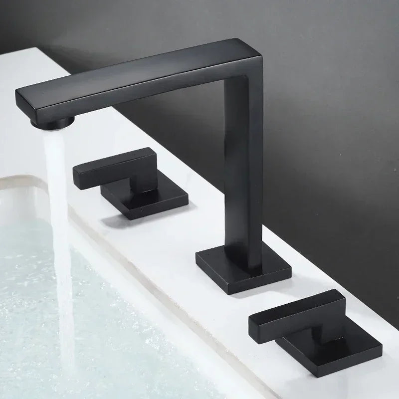 Brushed Gold Basin Faucet Solid Brass Three Hole