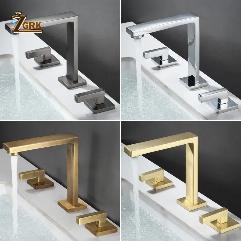 Brushed Gold Basin Faucet Solid Brass Three Hole