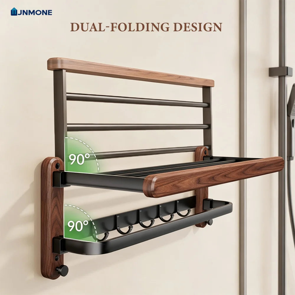 Walnut Wood Bathroom Wall Mounted Towel Rack Shelf