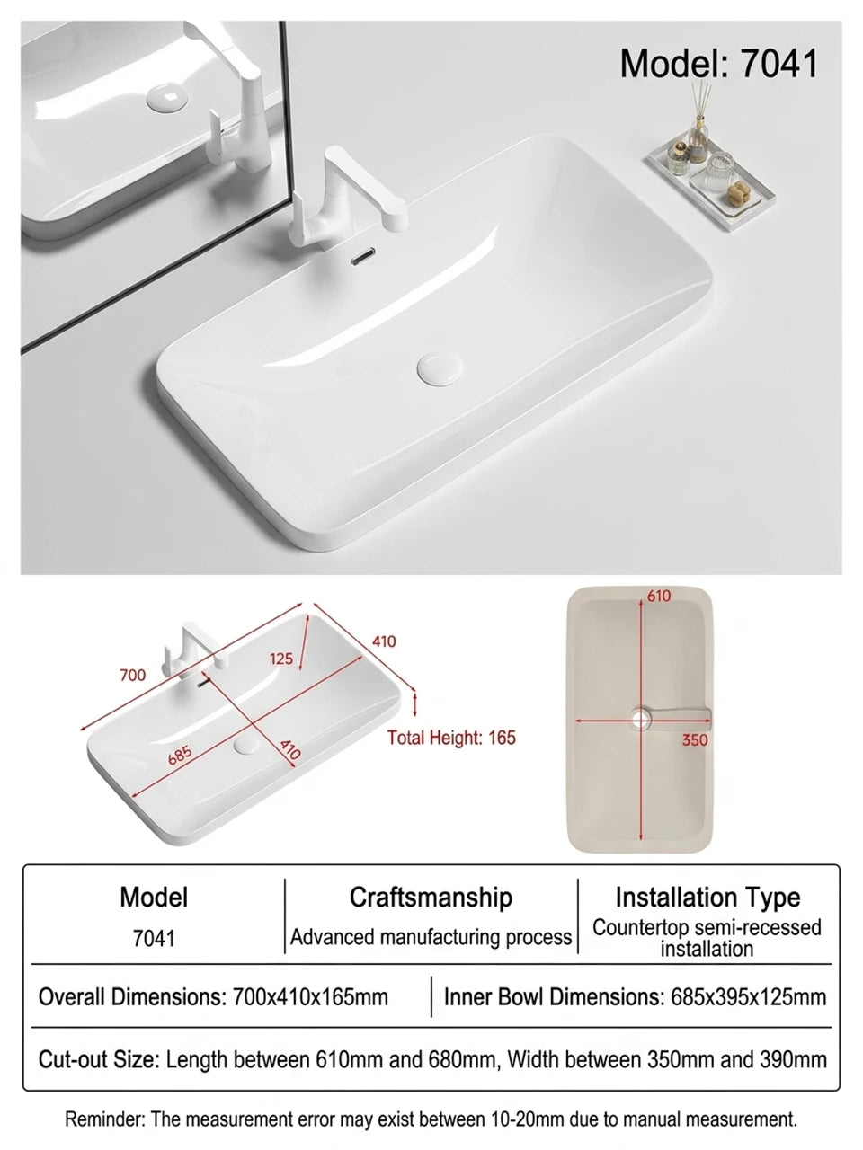 Rectangular Semi Recessed Ceramic Wash Basin Bathroom Countertop