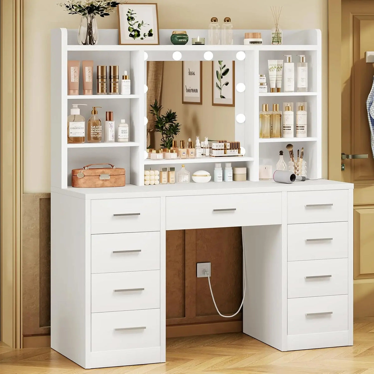 Makeup Vanity Lighted Mirror & Power Outlet Drawers