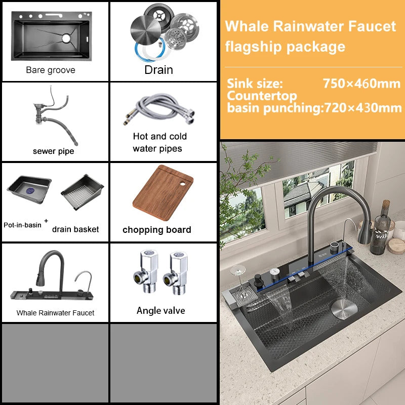 Waterfall Stainless Steel Sink Digital Display Faucet Wash