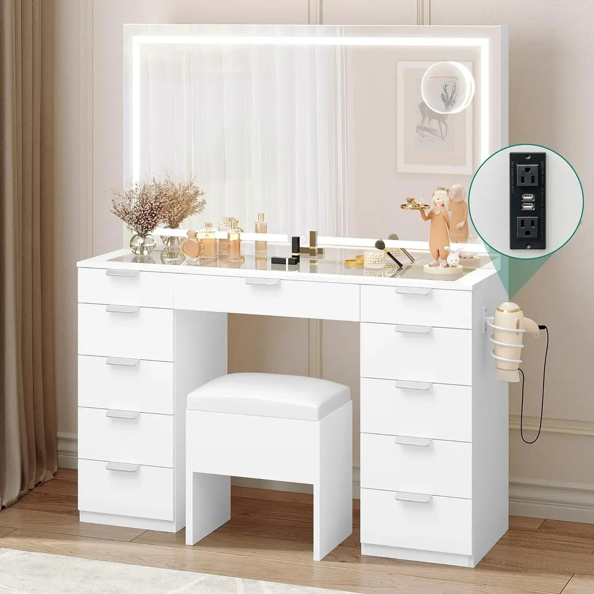Large Led Mirror Glass Top Makeup Vanity Desk