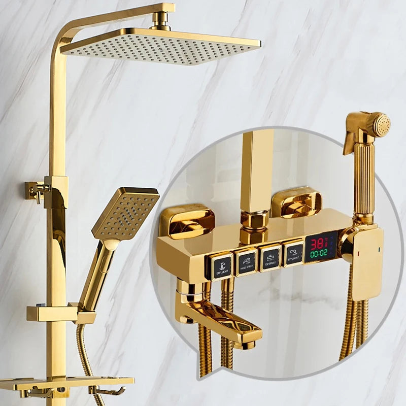 Luxury Thermostatic Bathroom Shower System White Gold Brass