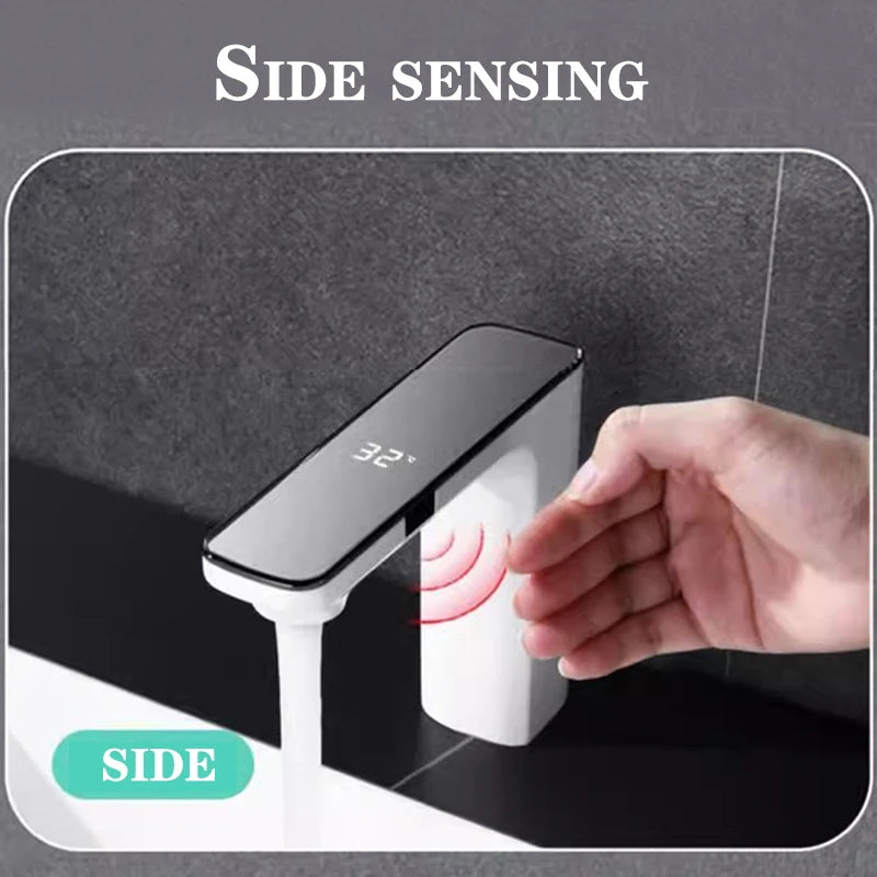 White Touchless Sensor Basin Faucet Smart Digital Display