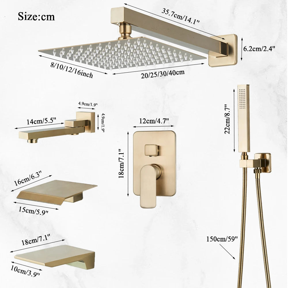 Brushed Gold Bathroom Shower Faucet 2/3 Way Rainfall