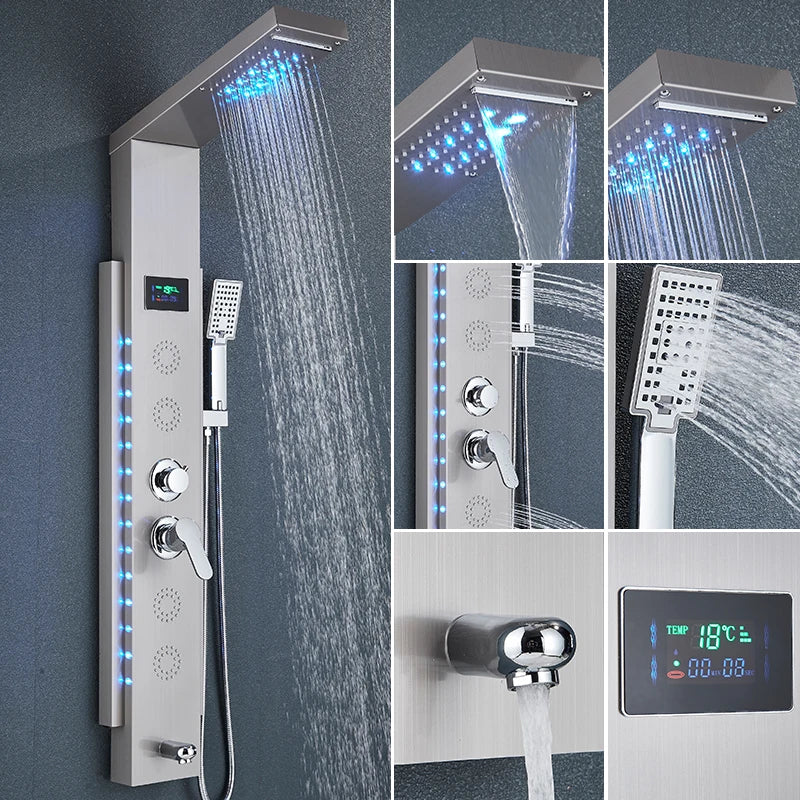 Black Wall-Mounted Shower Panel Shower Column Waterfall Nozzle