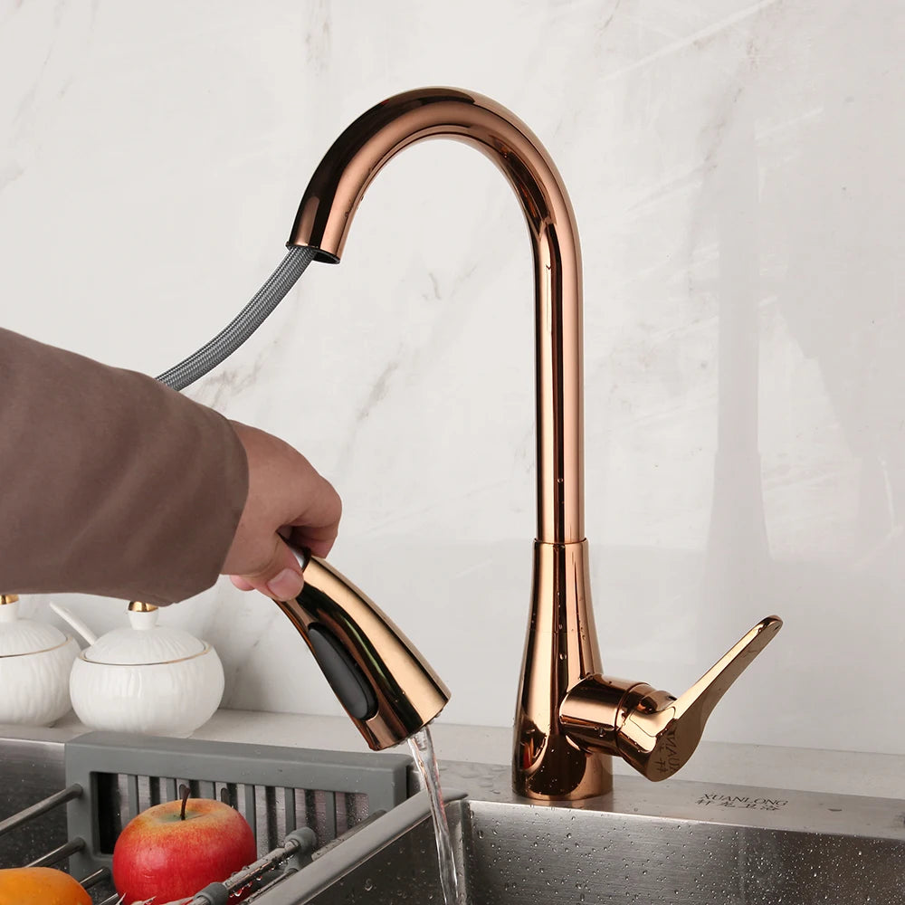Kemaidi Rose Gold Sink Faucet Black Handle Pull