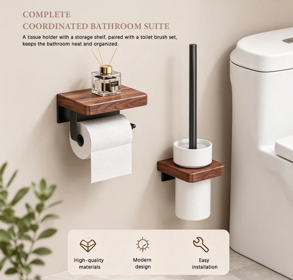 Walnut Wood Bathroom Wall Mounted Towel Rack Shelf